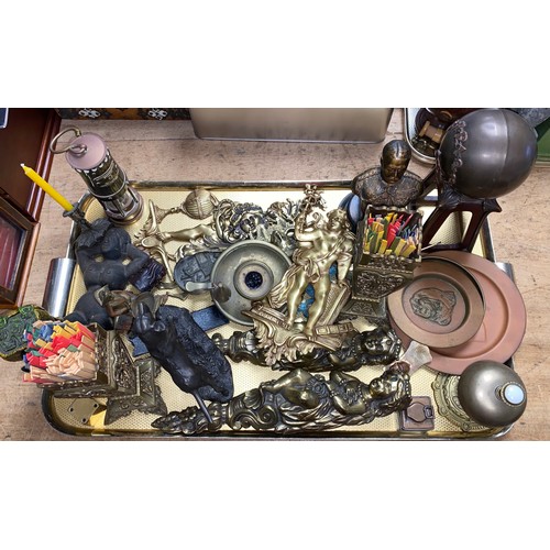 289 - Assortment of items to include cold painted bronze novelty traveller figure, various brass items inc... 