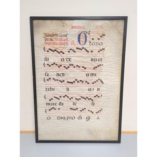 230 - Medieval / Renaissance. Framed antiphonal Gregorian chant sheet music with illuminated latin text an... 