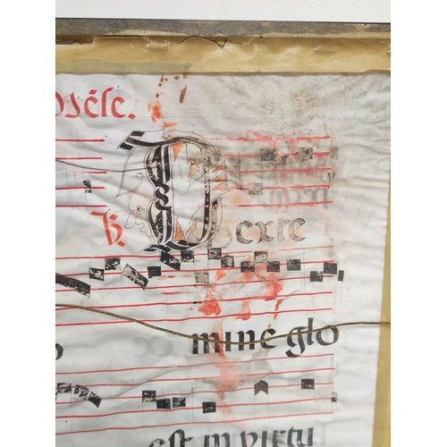 230 - Medieval / Renaissance. Framed antiphonal Gregorian chant sheet music with illuminated latin text an... 