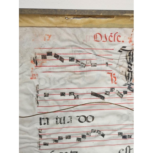 230 - Medieval / Renaissance. Framed antiphonal Gregorian chant sheet music with illuminated latin text an... 