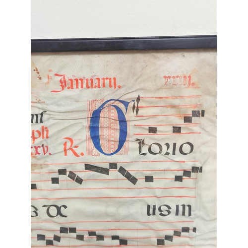 230 - Medieval / Renaissance. Framed antiphonal Gregorian chant sheet music with illuminated latin text an... 