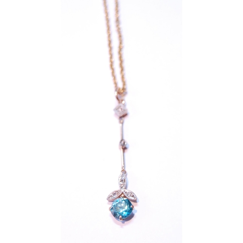 68 - Edwardian gold pendant with blue zircon suspended from tiny diamonds in gold, 4.9g.