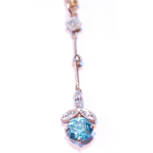 68 - Edwardian gold pendant with blue zircon suspended from tiny diamonds in gold, 4.9g.