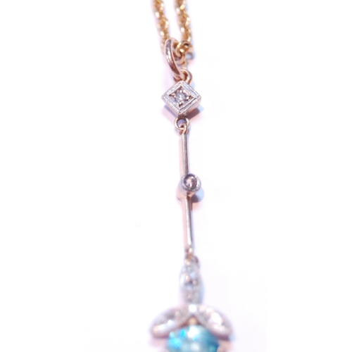 68 - Edwardian gold pendant with blue zircon suspended from tiny diamonds in gold, 4.9g.