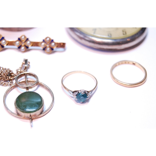 72 - Blue paste ring in gold, a 22ct gold band ring (2g), a bar brooch, probably 15ct, a silver dress wat... 