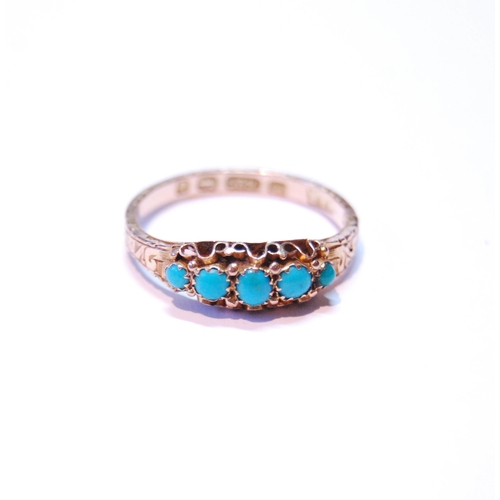 74 - Victorian 15ct gold engraved ring with five turquoise stones and beading, 1876, size O.