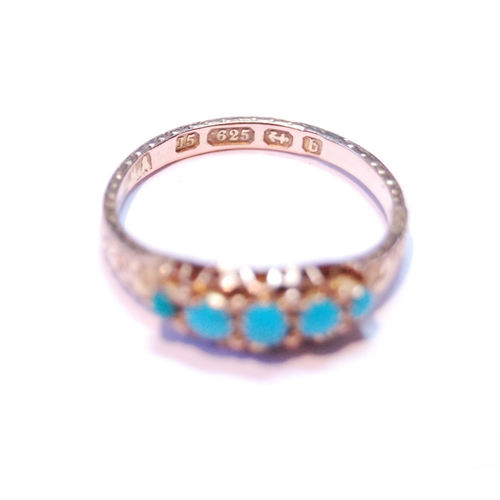 74 - Victorian 15ct gold engraved ring with five turquoise stones and beading, 1876, size O.