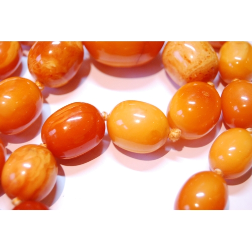 75 - Amber necklace of ovoid beads, 153g.