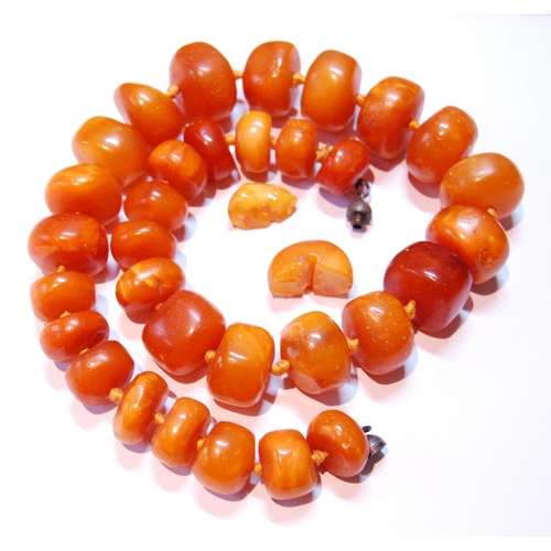 76 - Amber bead necklace of variegated circular beads, 146g.