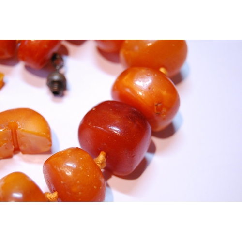 76 - Amber bead necklace of variegated circular beads, 146g.