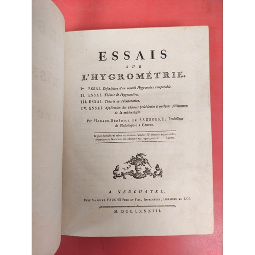 254 - DE SAUSSURE HORACE-BENEDICT.  Essais sur l'Hygrometrie. Half title, eng. vignette & 2 ... 