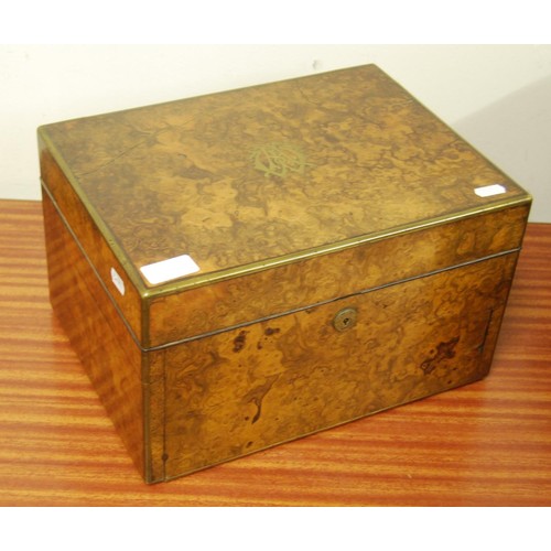 202 - Victorian burr walnut toilet box with unusual double opening action, enclosing various fittings, 20c... 