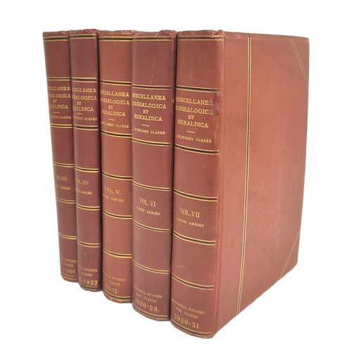 HOWARD J. J., BANNERMAN W. B. & others (Eds).  Miscellanea Genealogica et Heraldica. Second Series, 5 vols.; Third Series, 5 vols.; Fourth Series, 5 vols. & Fifth Series, 7 vols. Litho plates, some col. & text illus. Royal 8vo. Uniform orig. brown cloth. Ex lib. with some stamps but a good set nonetheless. 1886-1929/1931.