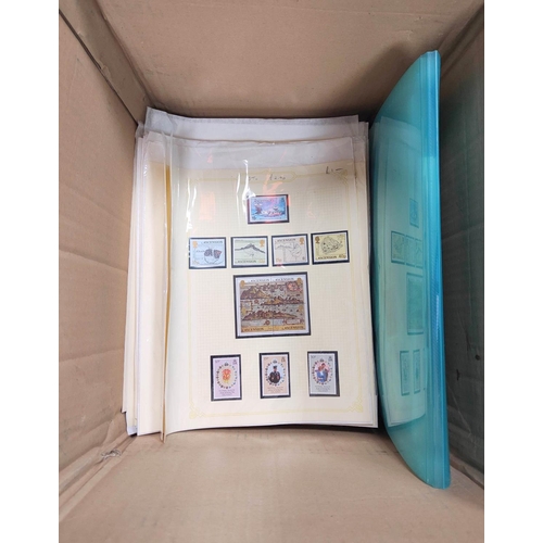 210 - Box containing a large quantity of loose mixed world postage stamp album sheets to include issues fr... 