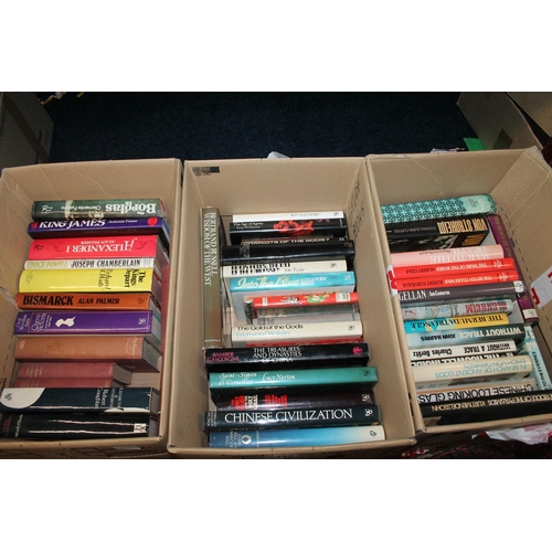 149 - Three boxes containing books to include history interest, Queen Victoria, Bismarck, Chinese history.