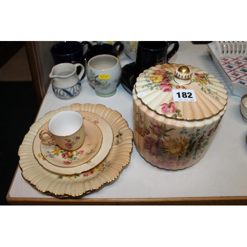 182 - Royal Worcester blush ivory cabinet trio, two similar plates and a biscuit barrel.  (6)