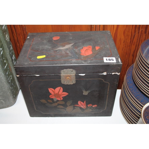 185 - Japanned bird decorated storage box.