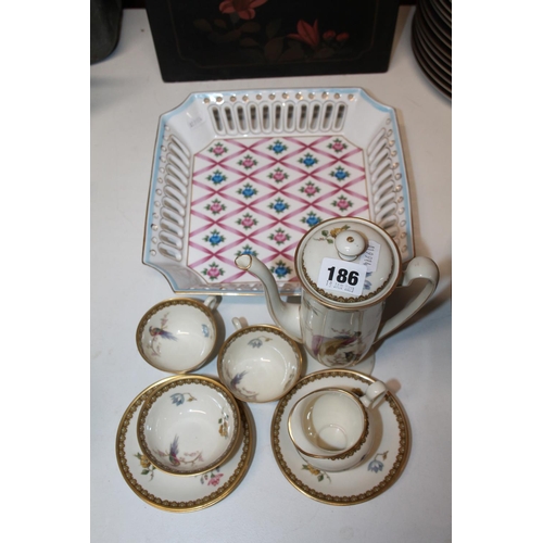 186 - Floral and bird decorated tea service and a Limoges pierced dish.