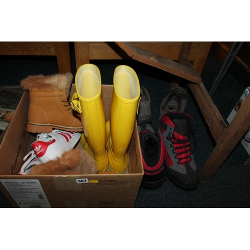 367 - Shoes to include Adidas, Superstar trainers, Festival yellow Wellington boots, Timberland boots, Cot... 