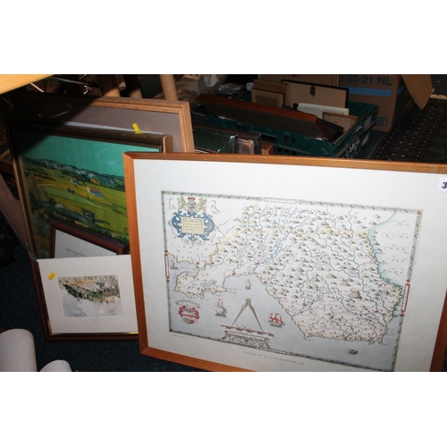 394 - Eight prints to include a Saxton's map of Glenmorangieshire, Edinburgh scenes, landscapes.