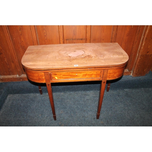 505 - Antique demi-lune mahogany and inlaid turn-over tea table, raised on square tapering supports, termi... 