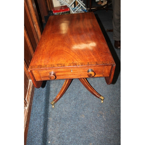 506 - Antique mahogany and rosewood cross-banded Pembroke table, raised on turned column and four splayed ... 