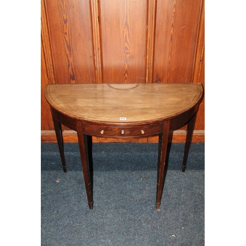 511 - Antique mahogany and inlaid demi-lune hall table, with single frieze drawers, raised on square taper... 