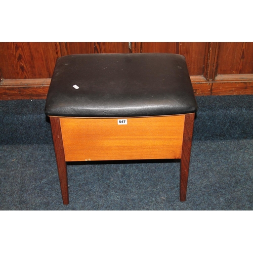 547 - Mid-century teak sewing box and contents to include haberdashery.