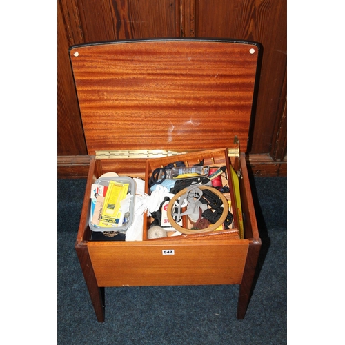 547 - Mid-century teak sewing box and contents to include haberdashery.