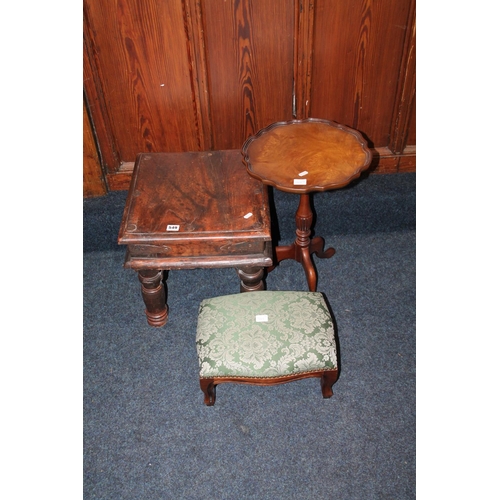 549 - Mexican pine square coffee table, with metal banding, a reproduction mahogany wine table, and a foot... 