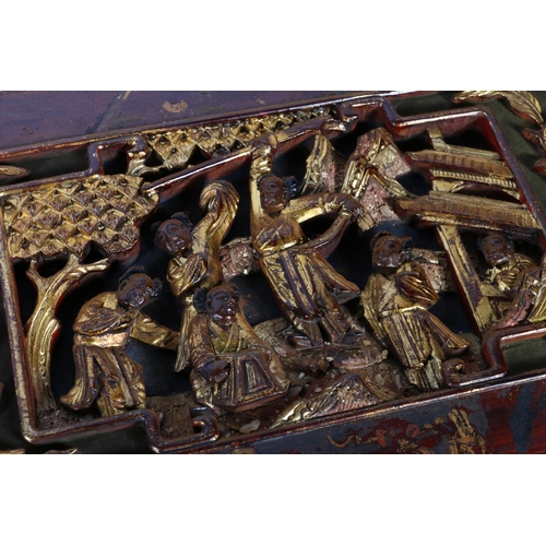 122 - Five Chinese lacquered & gilded panels with carved figural scene decoration.