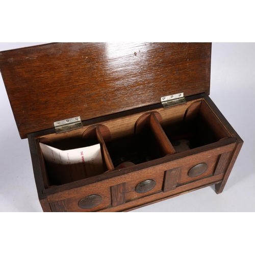 3 - Small oak hinge top box with three section interior, 30cm.