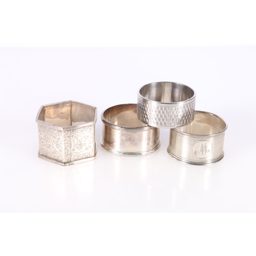 456 - Three silver napkin rings, one by William Suckling Ltd, Birmingham 1939, one by 'BBS' Chester 1902, ... 