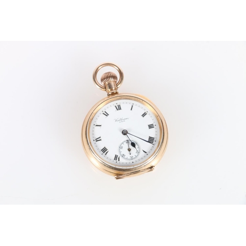 460 - 14ct gold-plated Waltham open-faced keyless fob watch with 15 jewel movement.