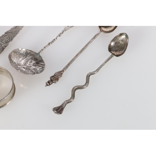 486 - Pair of Chinese white metal spoons with makers marks 'Daik CE', a similar pickle fork, two spoons an... 