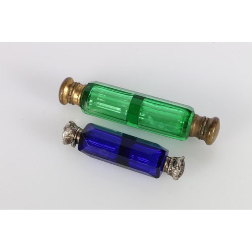 492 - Victorian Bristol Blue glass double-ended scent bottle 9.5cm long, and another with green glass, 13c... 