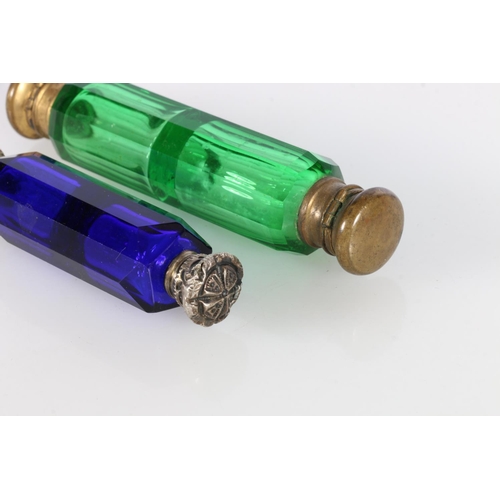 492 - Victorian Bristol Blue glass double-ended scent bottle 9.5cm long, and another with green glass, 13c... 