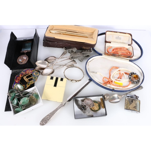 494 - Large box containing costume jewellery to include a pearl necklace, two coral necklaces, an enamelle... 