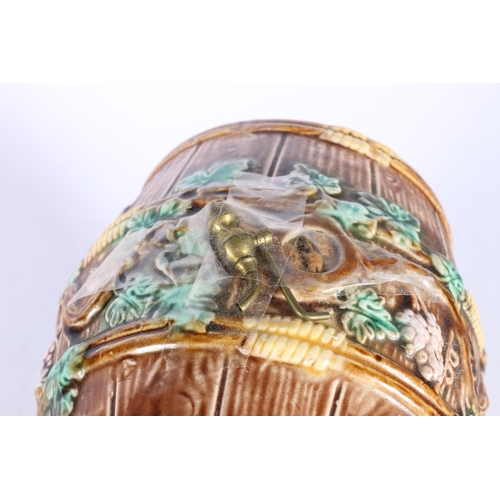 61 - Majolica style ceramic spirit barrel, 19cm.