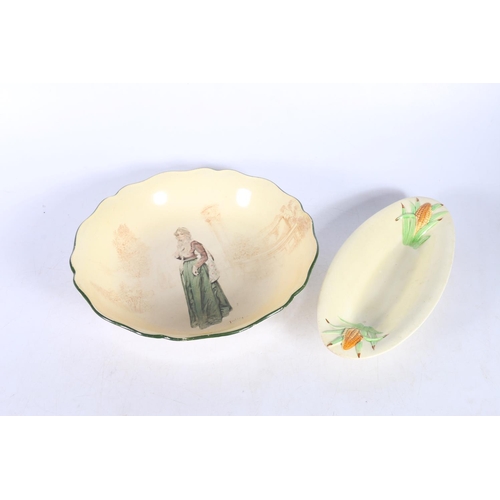 63 - Clarice Cliff corn decorated dish, 25cm & a Royal Doulton bowl.