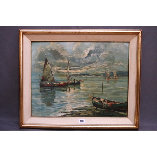 409 - ARNALDO DE LISIO (Italian 1869-1949), boats on calm waters, oil on canvas, signed lower right, 37cm ... 