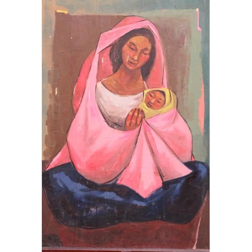 410 - ECUADORIAN SCHOOL, mother and child, oil on board, signed with initials lower left, 79cm x 56cm.