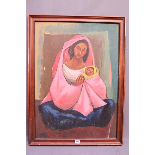 410 - ECUADORIAN SCHOOL, mother and child, oil on board, signed with initials lower left, 79cm x 56cm.