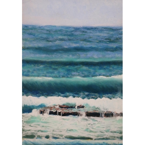 422 - HARRIET HALSTEAD (English b1953), lapping waves, oil on paper, signed lower right, 24cm x 16cm, fram... 