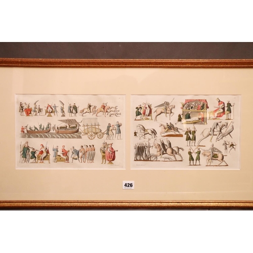 426 - Medieval scenes, a framed duo of coloured prints, published by Bramati e Raineri, frame size 40cm x ... 