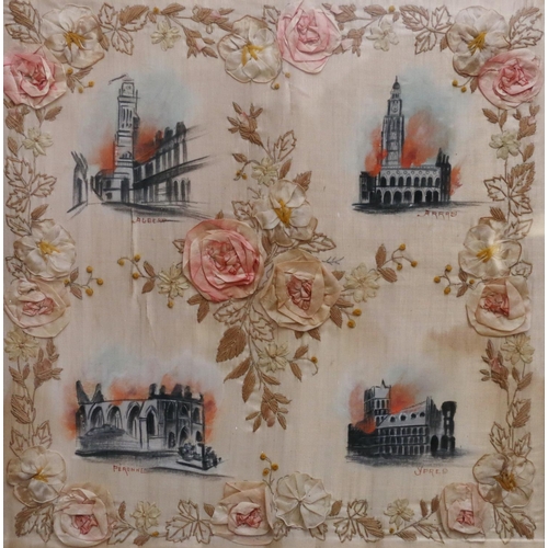 427 - 20th century needlework on silk panel depicting French churches and cathedrals, 46cm x 46cm, frame 6... 