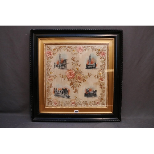 427 - 20th century needlework on silk panel depicting French churches and cathedrals, 46cm x 46cm, frame 6... 