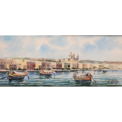 429 - CARMELO GALEA (Maltese), view of Malta, watercolour, signed lower right, 13cm x 31cm, frame 26cm x 4... 