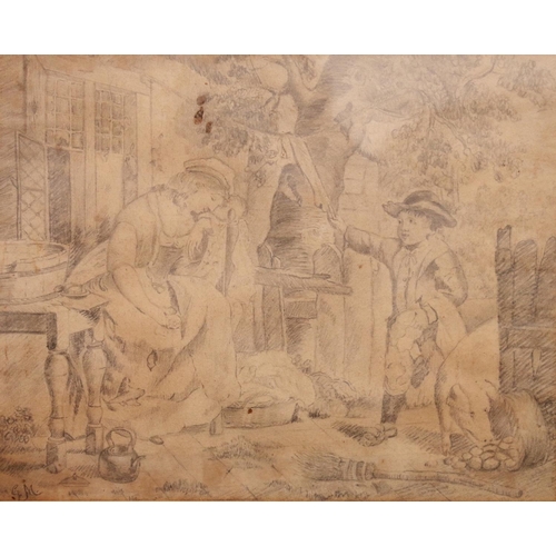 432 - GEORGE MORELAND, figures in a garden, pencil drawing, signed with initials 'GM', 20cm x 24cm.