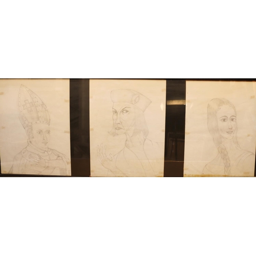 436 - 20TH CENTURY SCHOOL, triptych of portraits to include a cardinal, pencil drawings, each sheet 50cm x... 